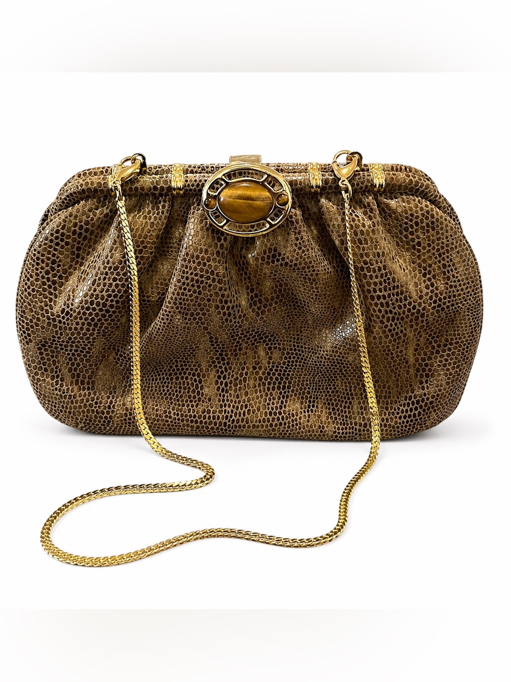 ASHNEIL Gold-Tone Brown Snakeskin-Effect Shoulder Clutch with Chain Strap